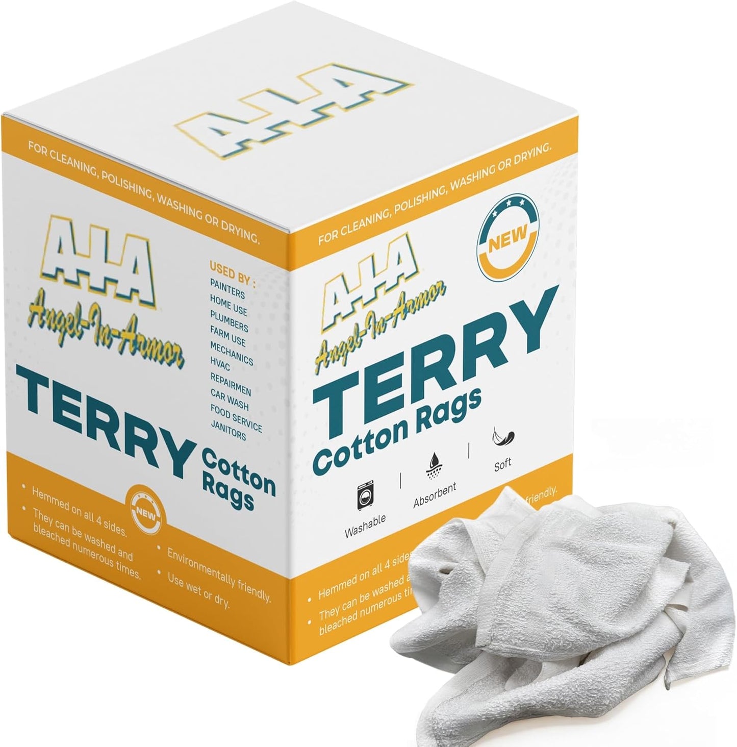 Angel-in-Armor White Terry Cloth Rags (16” x 19”) – 25lb Bulk Box of 100% Cotton Cleaning Rags