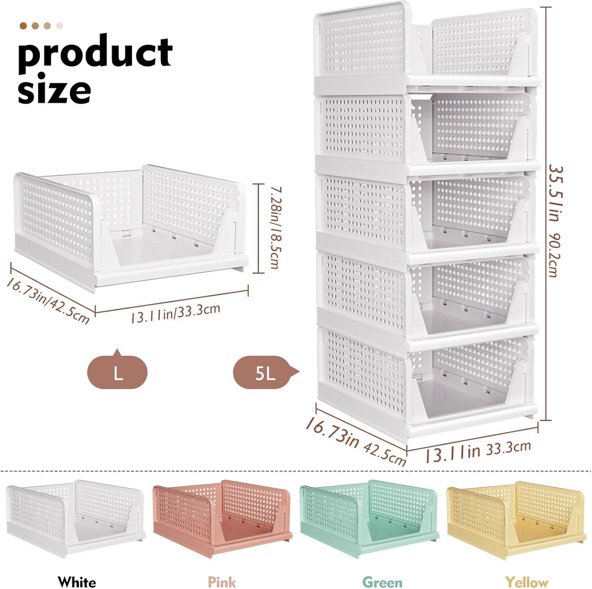 SNSLXH 5 Pack Stackable Closet Storage Basket, Multifunctional & Foldable Closet Organizer for