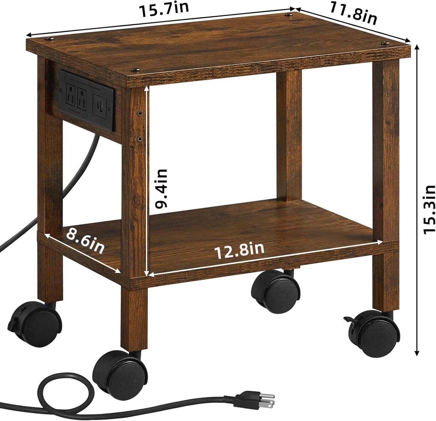 Lerliuo Under Desk Printer Stand with Charging Station, 2 Tier Wooden Small Printer Table with