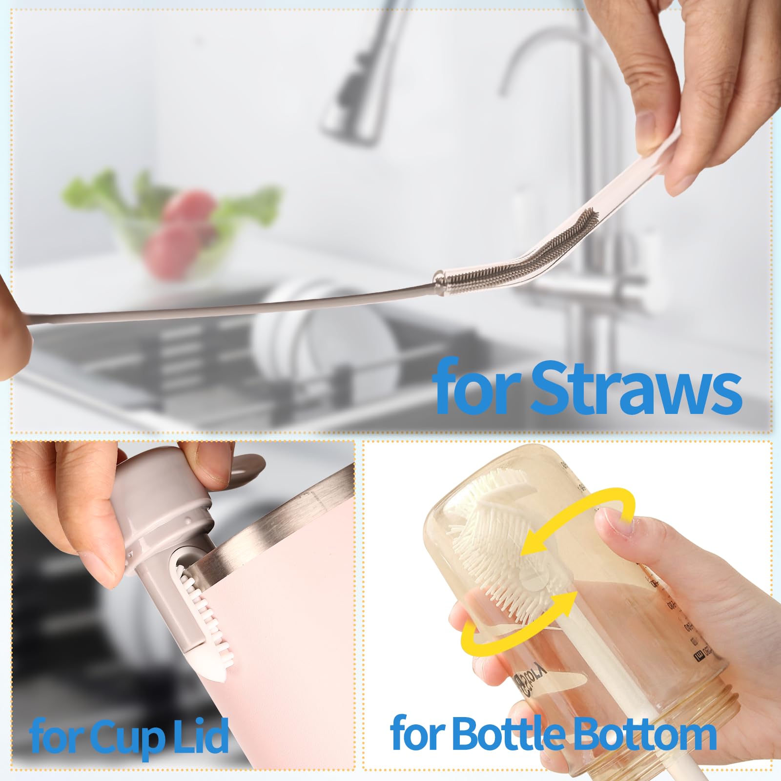 15.7" Silicone Bottle Brush Set - 6 Pack Water Bottle and Straw Cleaner Brush Long Handle for Hydro