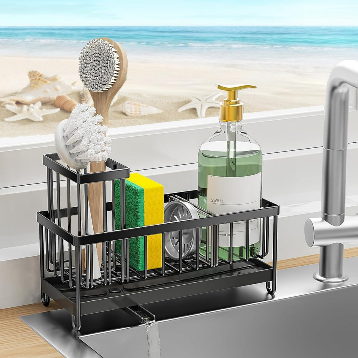 Sponge Holder for Kitchen Sink, Stainless Steel Sink Caddy with Auto Drain Tray, Kitchen Organizer