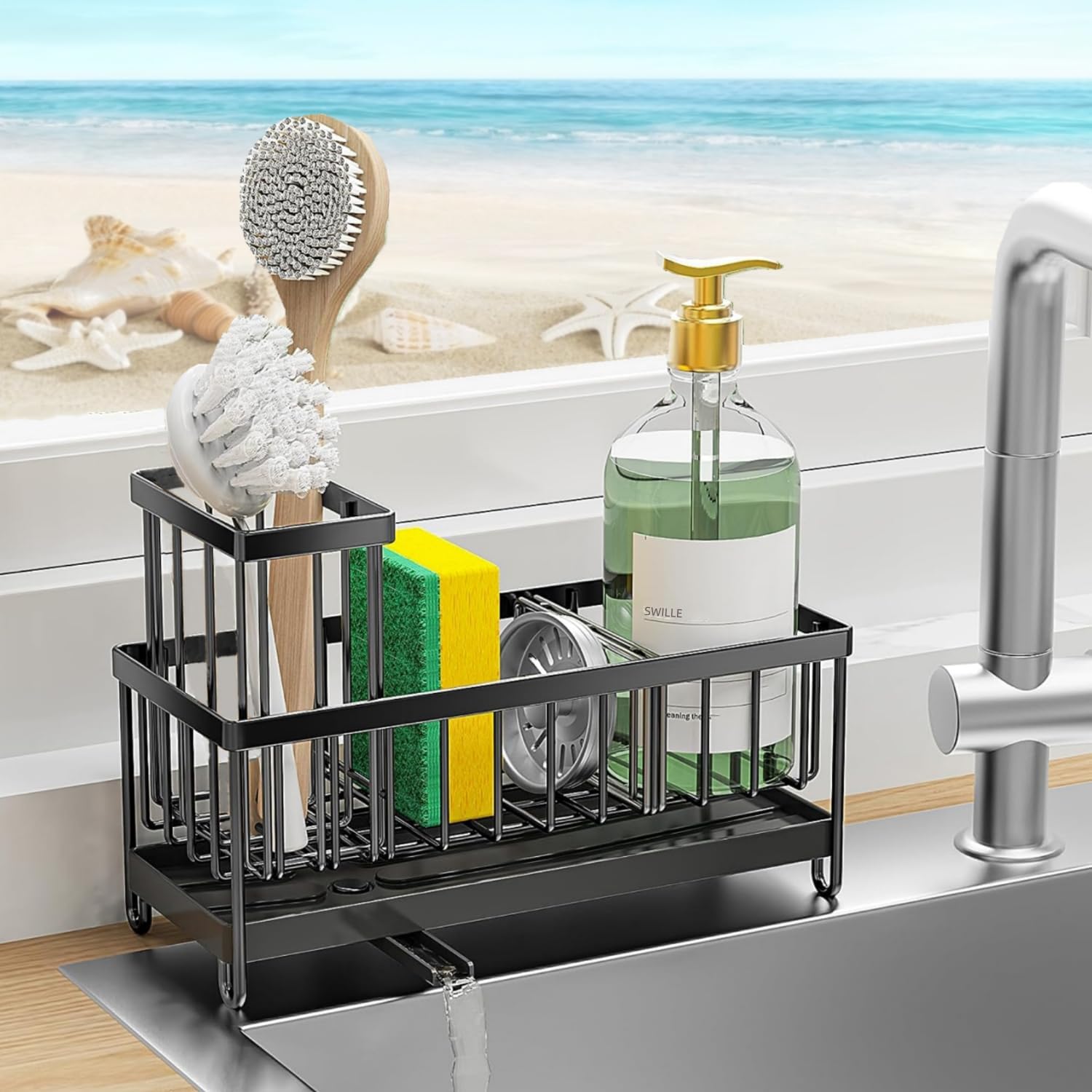 Sponge Holder for Kitchen Sink, Stainless Steel Sink Caddy with Auto Drain Tray, Kitchen Organizer