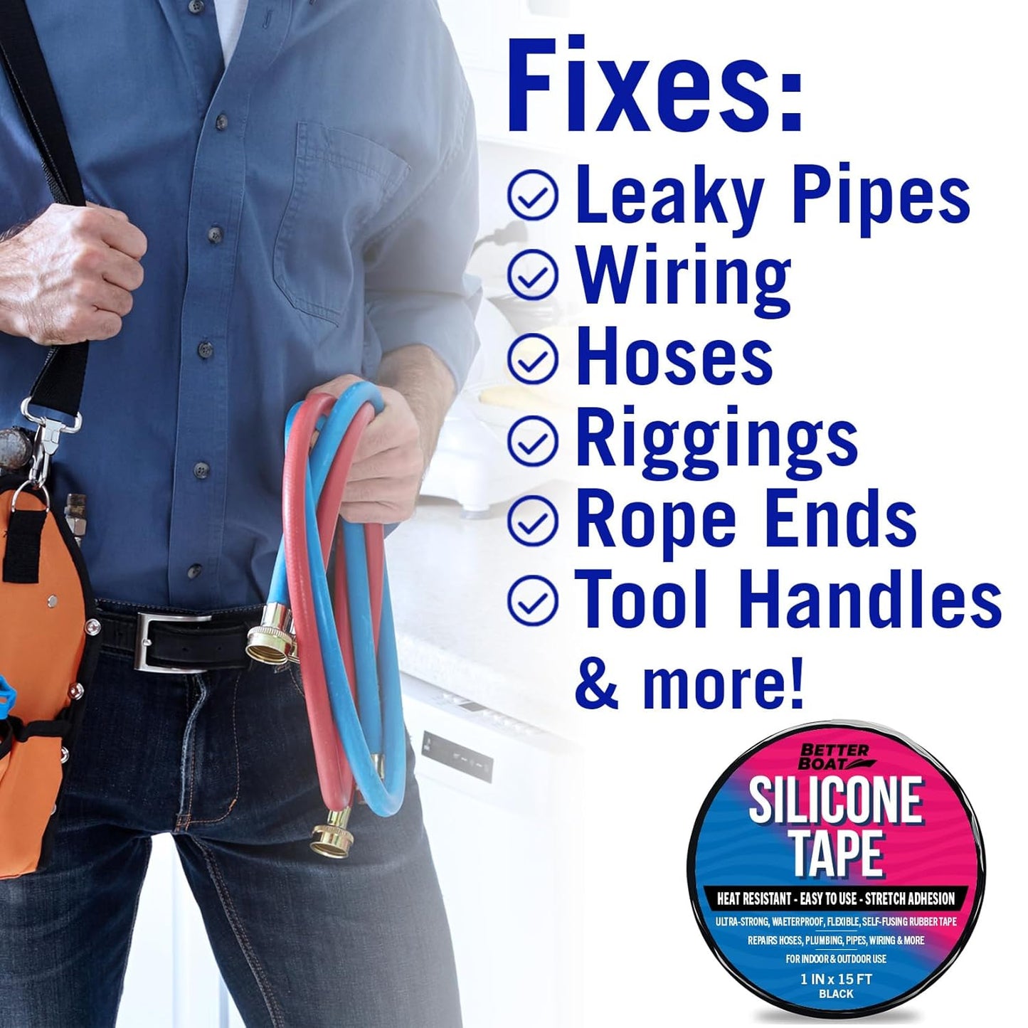 Black Heavy Duty Silicone Tape, Self-Fusing Rubber Hose and Plumbing Water Pipe Repair Seal, Coax