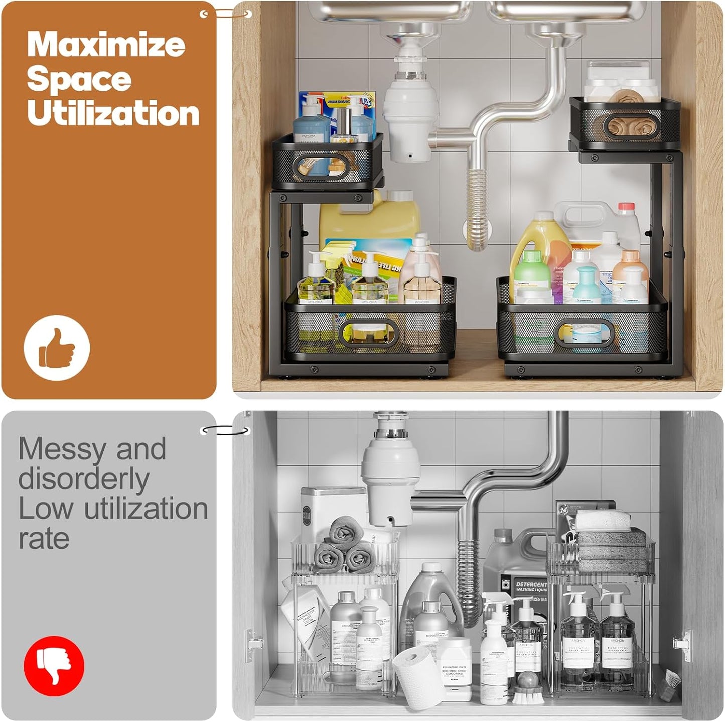 2 Pack 15.7IN-Depth Under Sink Organizer With Smooth Cylindrical Rail,2-Tier Pull Out Multi-Purpose