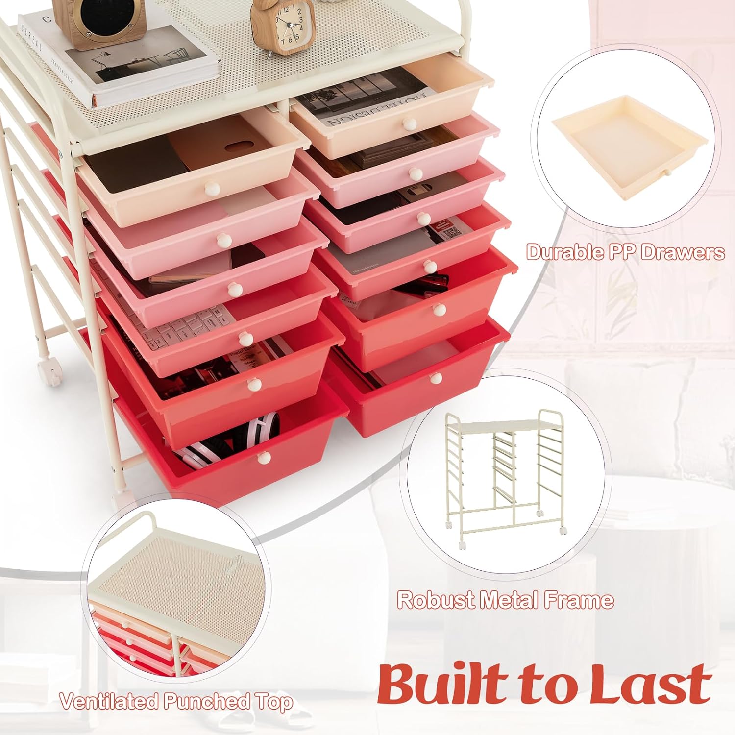 GOFLAME 12-Drawer Rolling Storage Cart, Multipurpose Organizer Cart with 2 Sizes Plastic Drawers