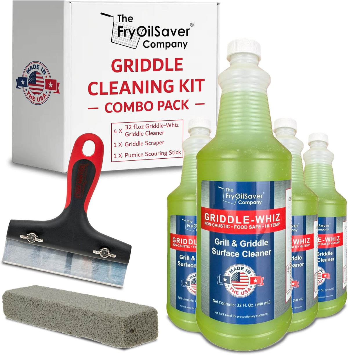 Combo Kit Flat Top Grill Griddle Surface Cleaner, 4-Pack Griddle-Whiz plus Griddles Scraper plus
