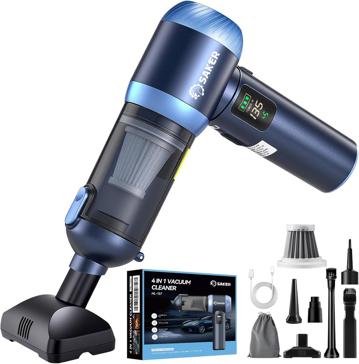 Saker Car Vacuum Portable Cordless 20000Pa Suction Power 4 in 1 Handheld Vacuum with LED Light
