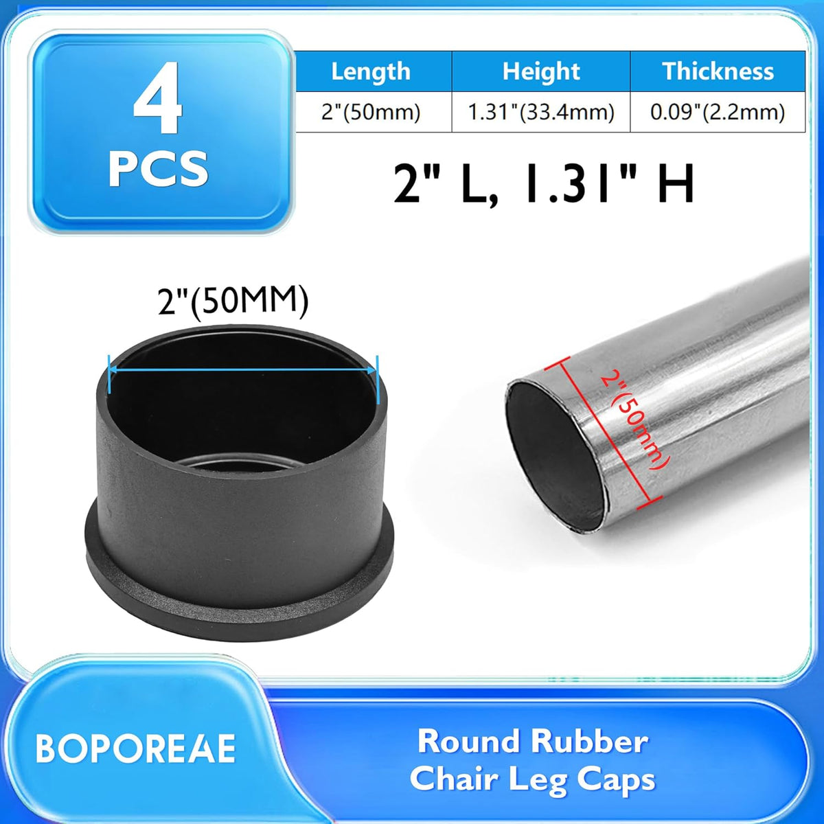 4 Pcs 2" Round Rubber Chair Leg Caps, PVC Table Leg Covers, Flexible & Anti-Slip Furniture Leg End
