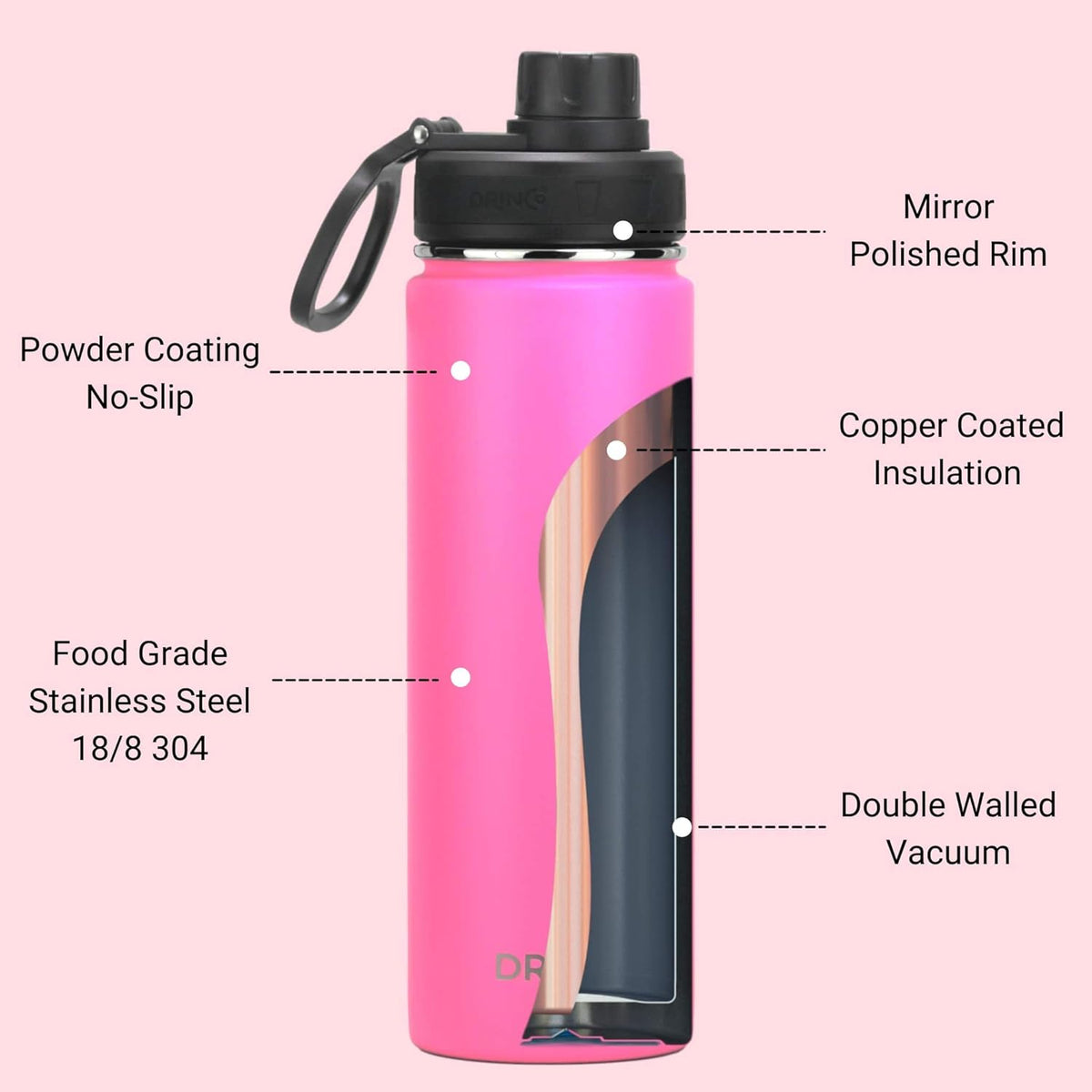 DRINCO Stainless Steel Water Bottle Spout Lid Vacuum Insulated Double Wall Water Bottle Wide Mouth