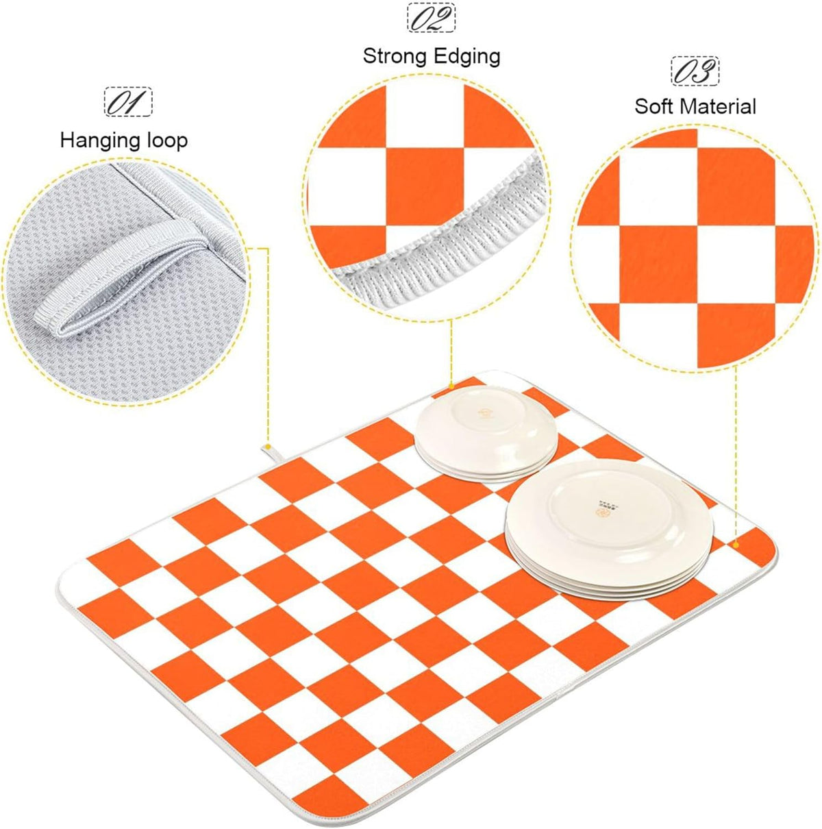 Burnt Orange Chessboard Dish Drying Mat for Kitchen Countertop 16x18 Plaid Checkered Rectangle