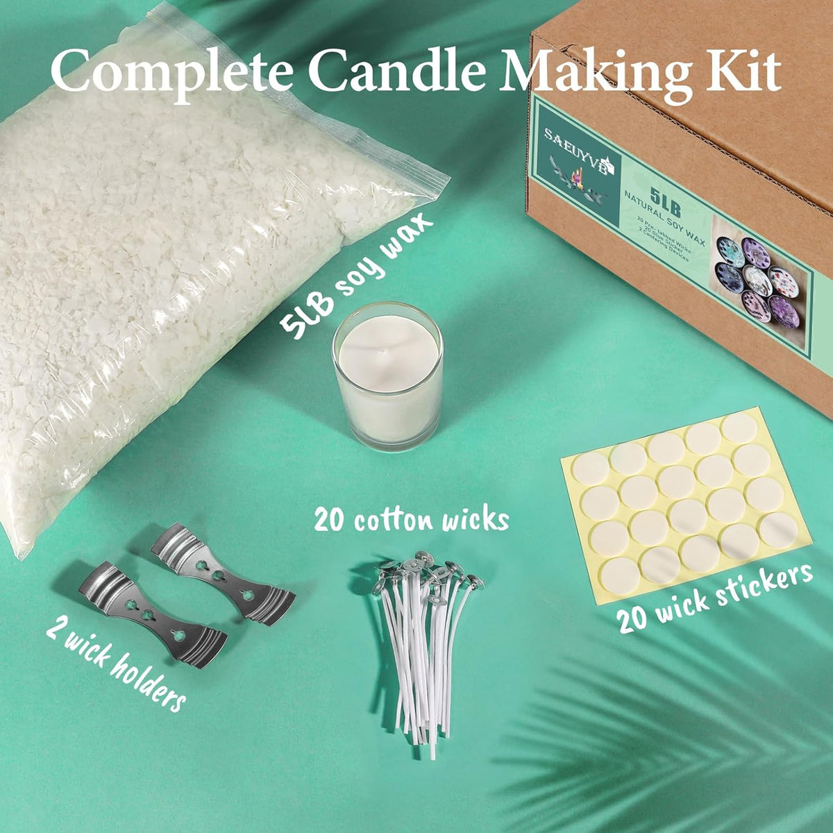 SAEUYVB Soy Candle Wax for Candle Making - Natural Soy Wax Flakes 5 lbs Bag, 20 Cotton Candle