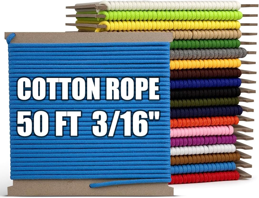 PerkHomy 500lb Cotton Rope 3/16" (5mm) 50 ft Multi Purpose Utility Diamond Braided Cord, Natural