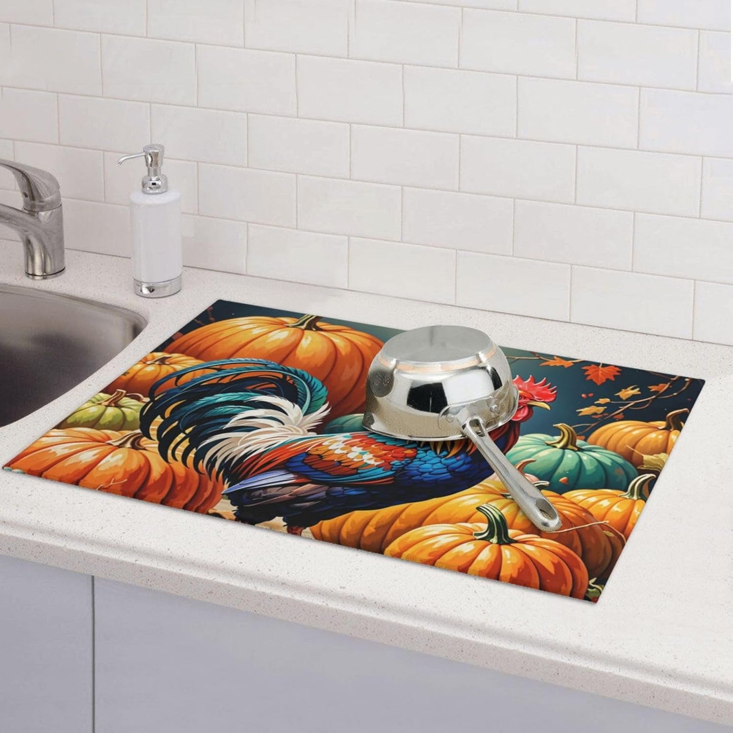 Rooster Pumpkin Dish Drying Mat Highly Absorbent Double-Sided Microfiber with Hanging Loop