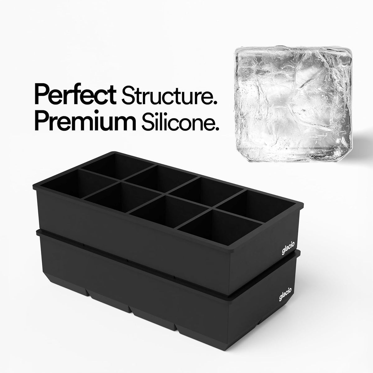 glacio Ice Cube Molds – 2-Pack Silicone Trays for 8 Large Square Cubes – Slow-Melt Ice for Whiskey