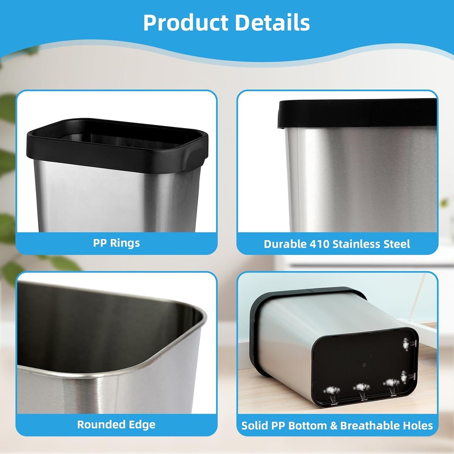 2 Pack Stainless Steel Trash Can 2 Gallon, Open Top Trash Can, 7" x 10" x 11", Rectangle Rubbish