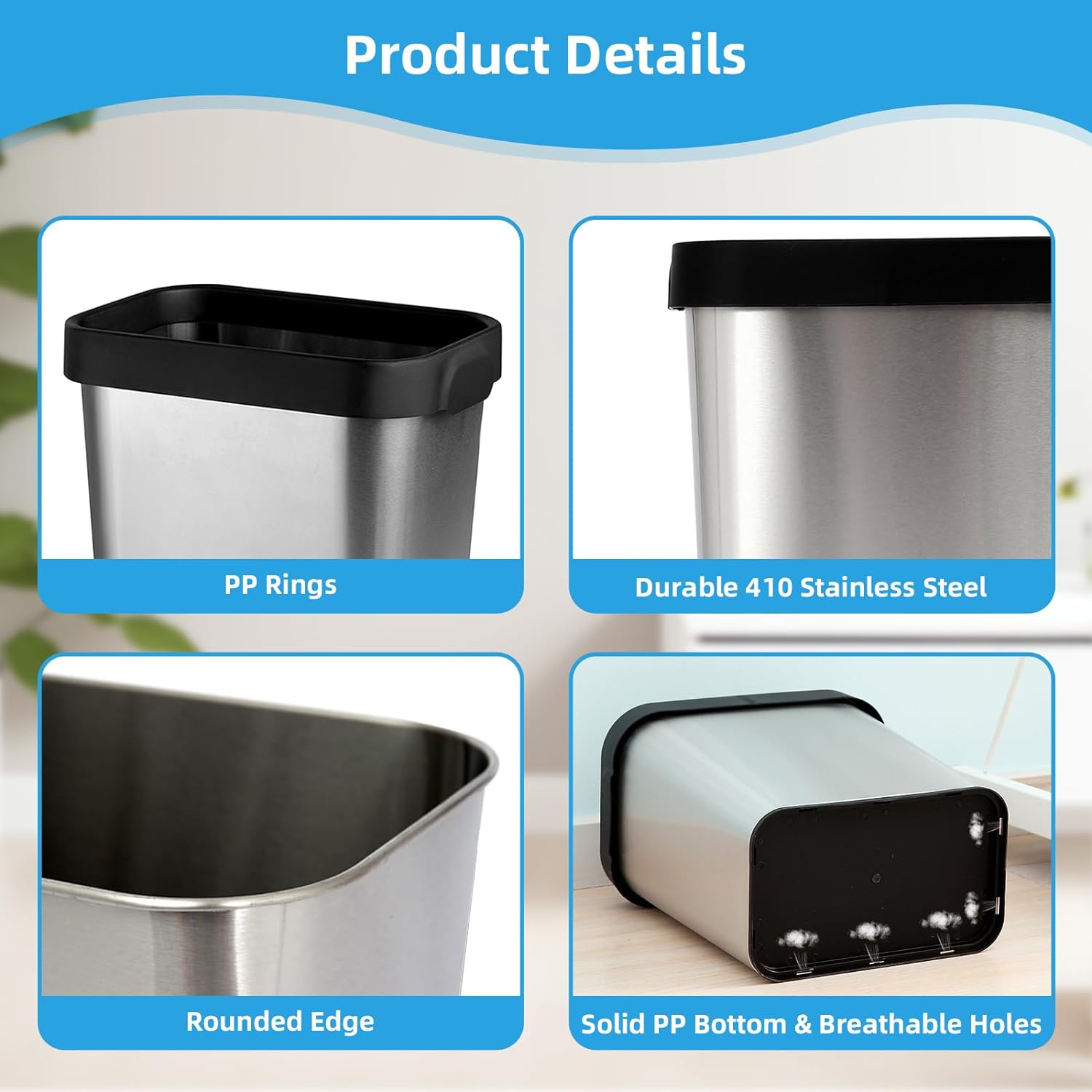 2 Pack Stainless Steel Trash Can 3 Gallon, Open Top Trash Can, 8" x 11" x 13", Rectangle Rubbish