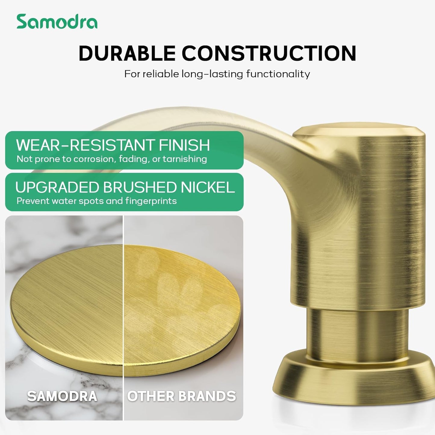 SAMODRA Built in Kitchen Sink Soap Dispenser (Brushed Gold) with 12 oz Large PET Lotion Bottle