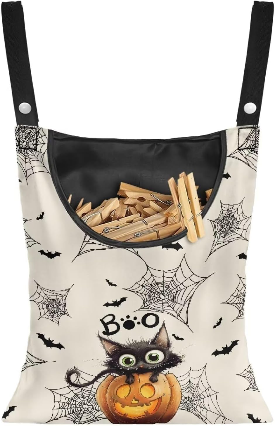 Cute Cat Space-Saving Laundry Clothespin Bag Pumpkin Waterproof Polyester Material, 2 Rope for