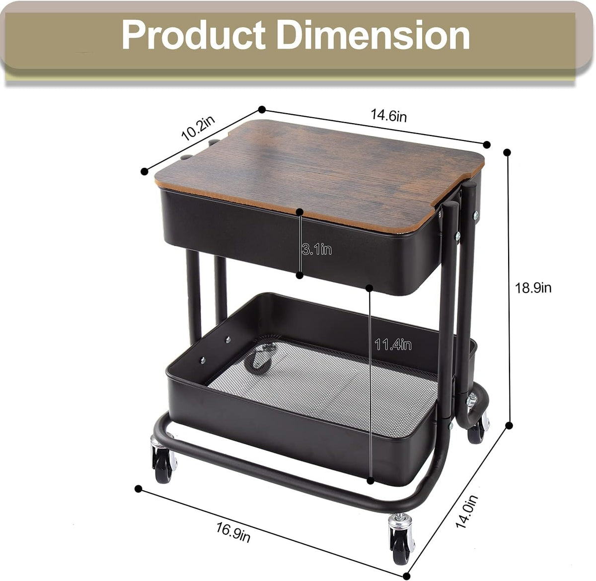 Melody House 2-Tier Metal Utility Rolling Cart Storage Organizer with Cover Board Mobile Trolley