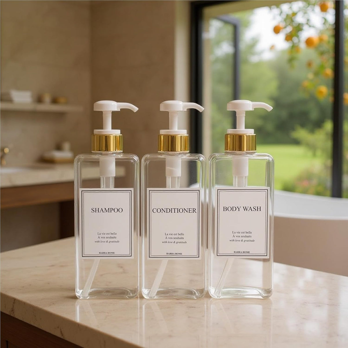 Modern Gold Design Large 27 oz Shampoo and Conditioner Dispensers - Empty Plastic Refillable Pump
