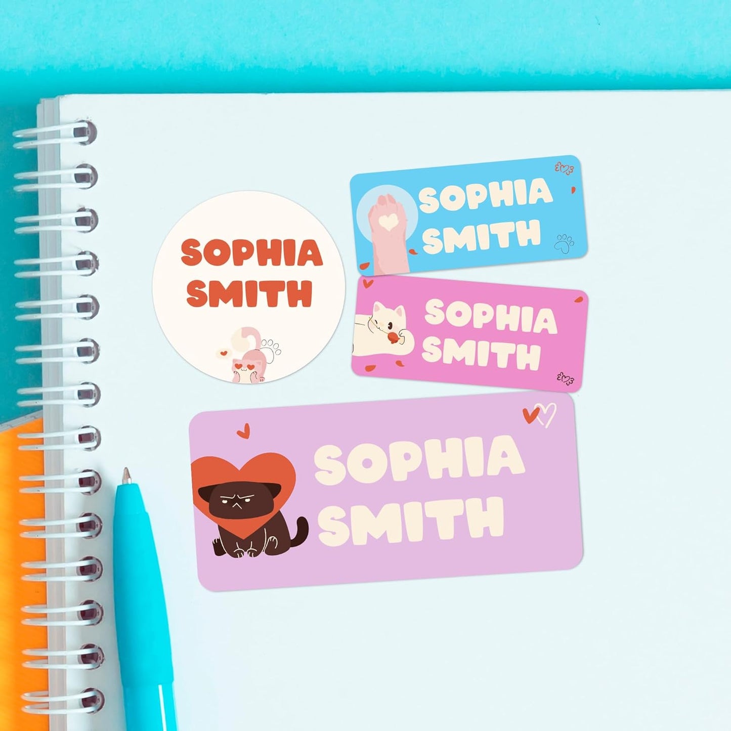 Personalized Name Tag Stickers for Kids (130+ Pack) | Cat Waterproof Labels for School Supplies