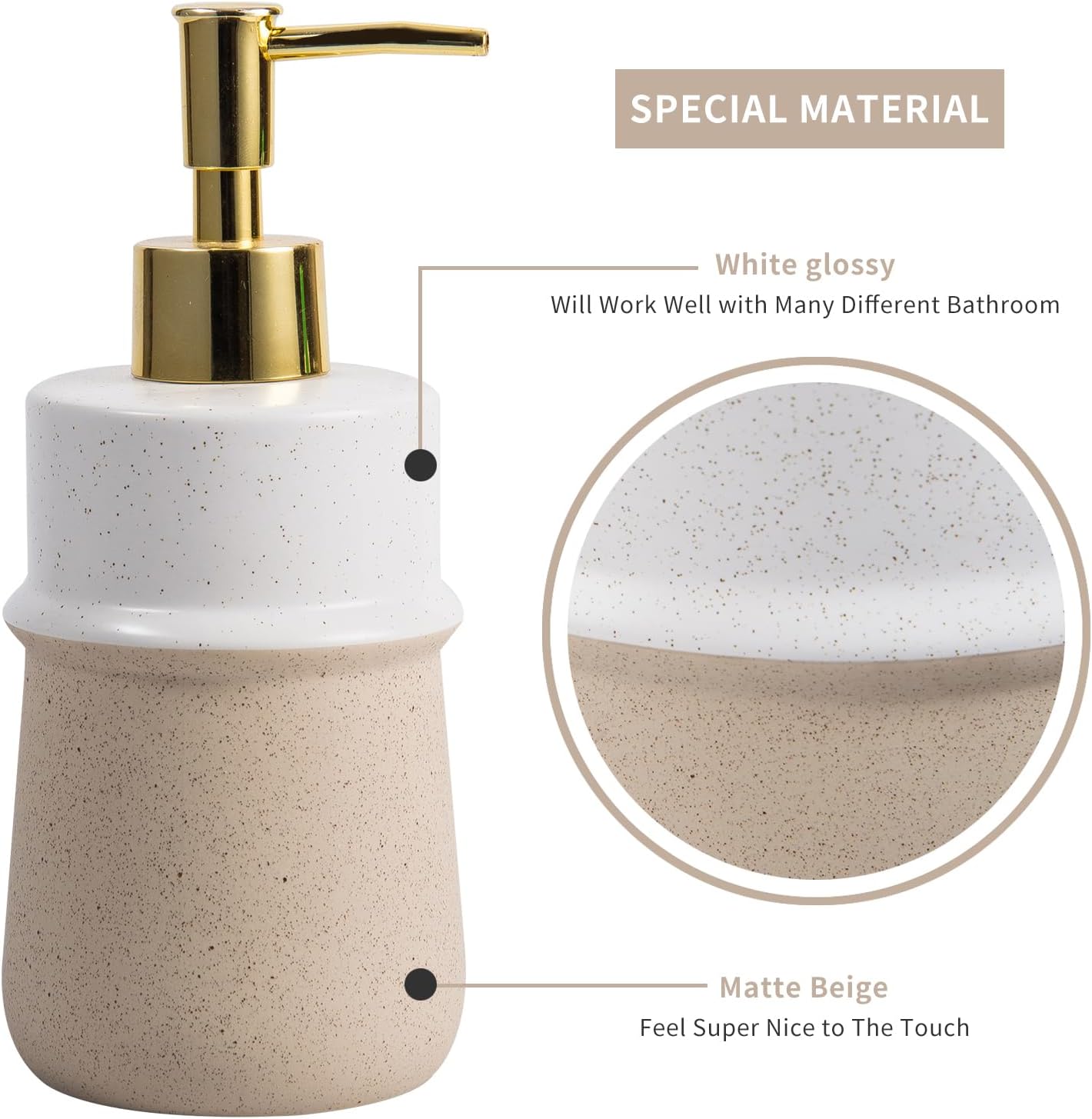 Beige Ceramic Soap Dispenser for Kitchen, Refillable Hand Dispenser with Rust Proof Stainless Steel