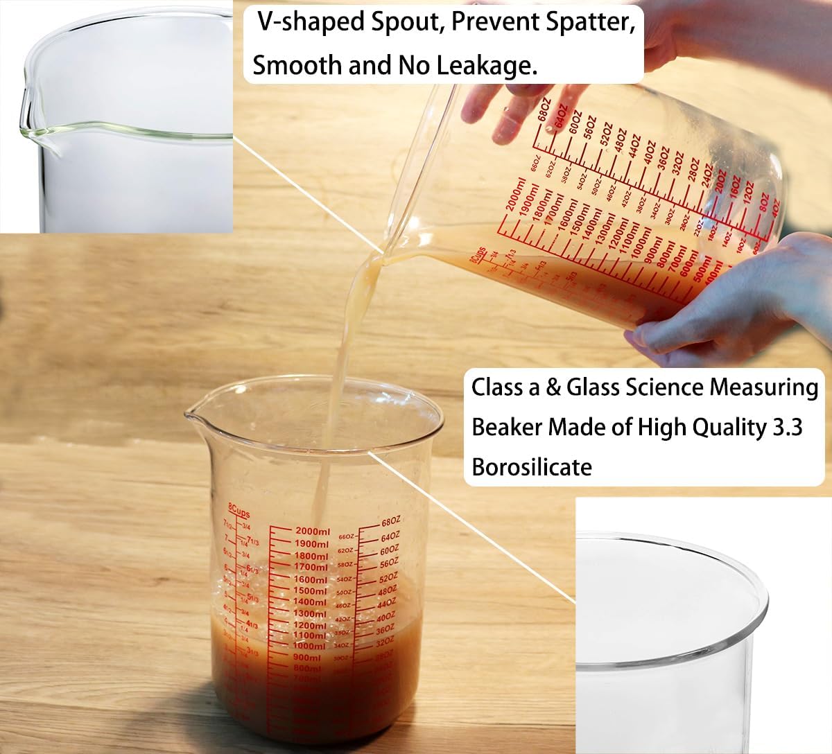 High Borosilicate Glass Measuring Cup-V-Shaped Spout，Glass Measuring Beaker for Kitchen or