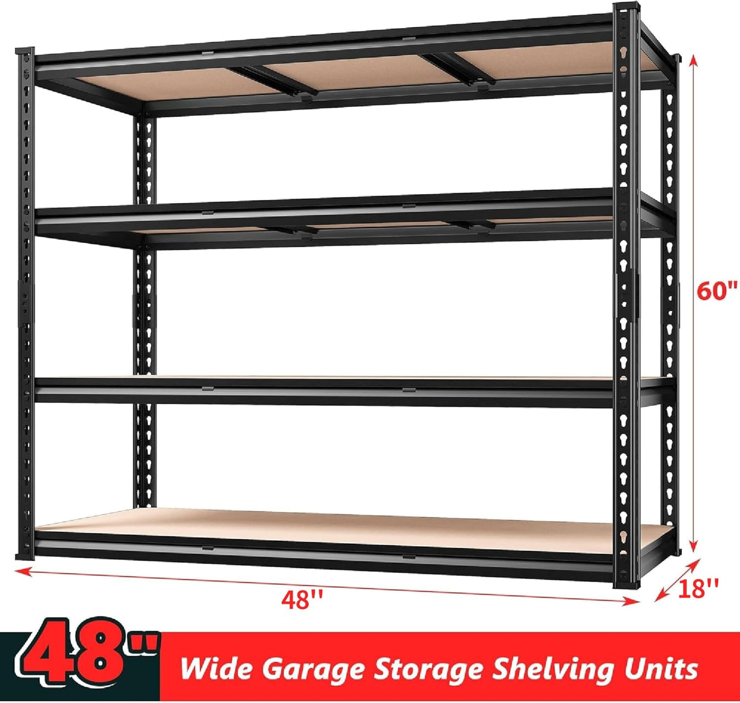 REIBII 48" W Garage Shelving Heavy Duty, 2000LBS Storage Shelves, 4 Tier Adjustable Metal Shelves