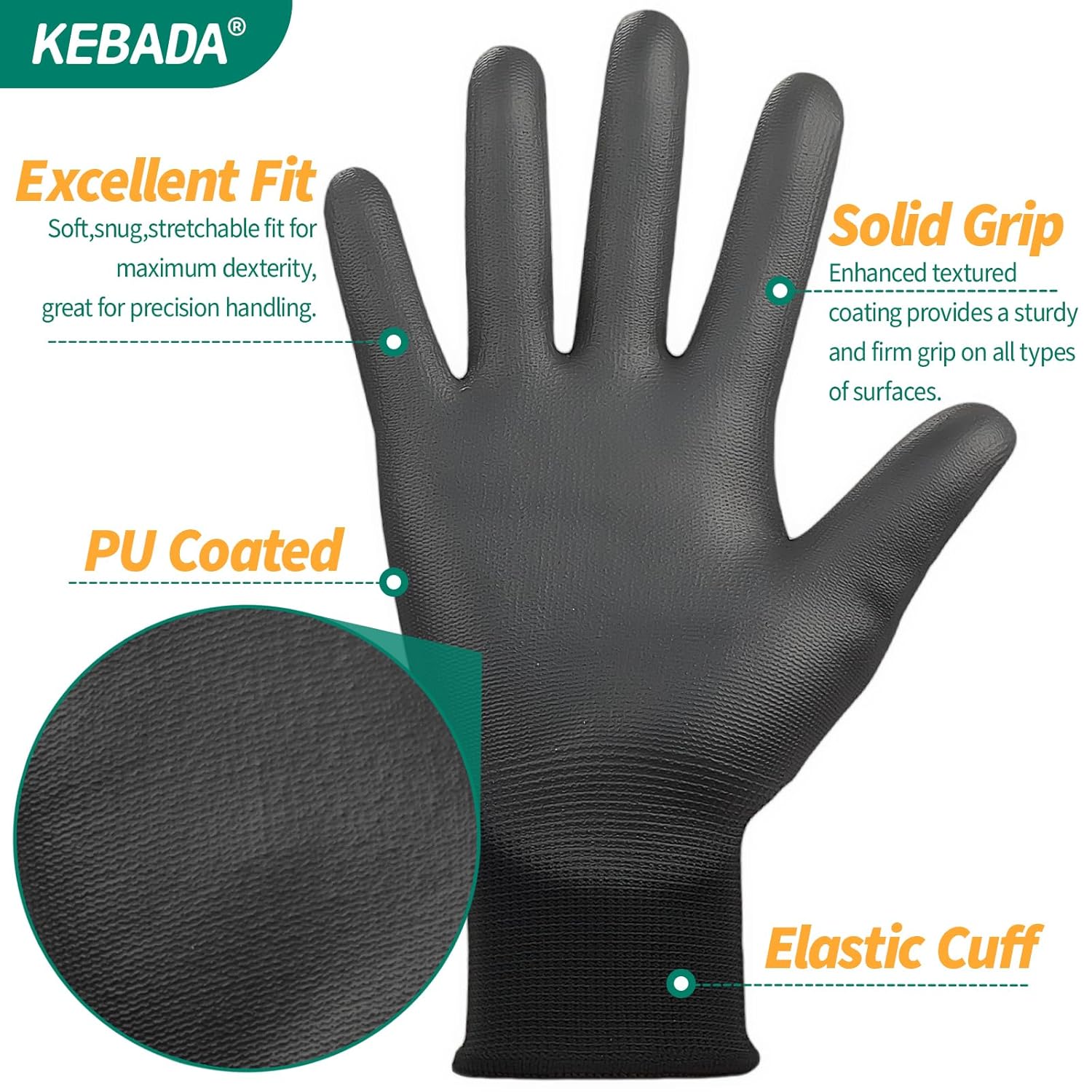 Kebada W1 Safety Work Gloves, PU Coated Touch Screen Work Gloves with Grip, Bulk Pack Working