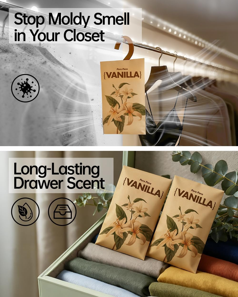 12 Packs Vanilla Walk in Closet Scent sachets, 【Deodorizer for Musty Odors】 Hanging Paper air