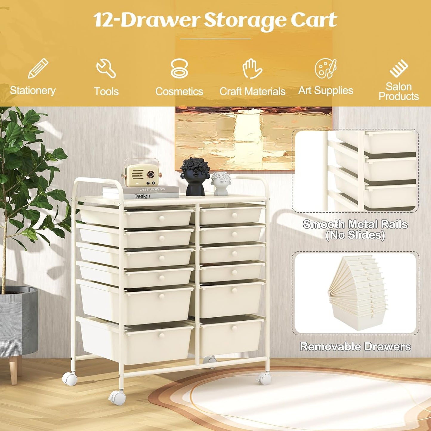 GOFLAME 12-Drawer Rolling Storage Cart, Multipurpose Organizer Cart with 2 Sizes Plastic Drawers