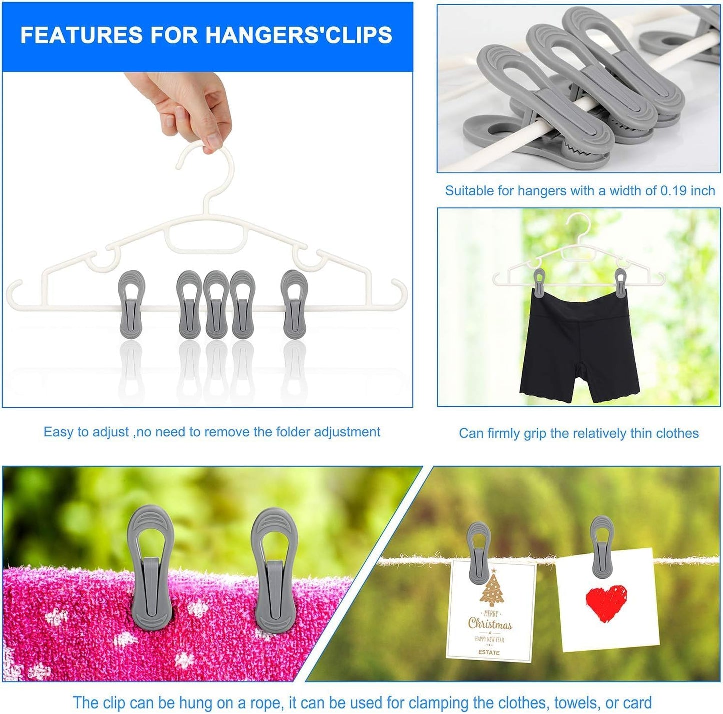 Tinfol 50pc Grey Plastic Hanger Clips, Strong Pinch Grip Finger Clips for Plastic Clothes Hangers
