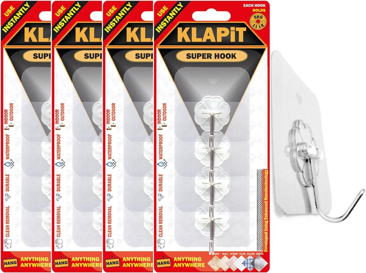 KLAPiT Super Hook - Heavy-Duty Adhesive Clear Wall Hooks, Holds Up to 11 lbs, Waterproof, No