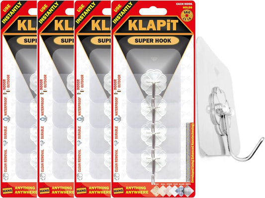 KLAPiT Super Hook - Heavy-Duty Adhesive Clear Wall Hooks, Holds Up to 11 lbs, Waterproof, No