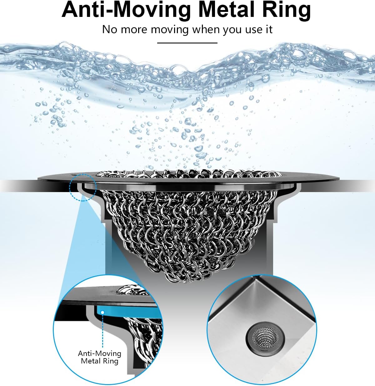 Sink Drain Strainer (Black): Flexible Anti-Slip Chainlink, 304 Stainless Steel. Upgraded Clog-Free