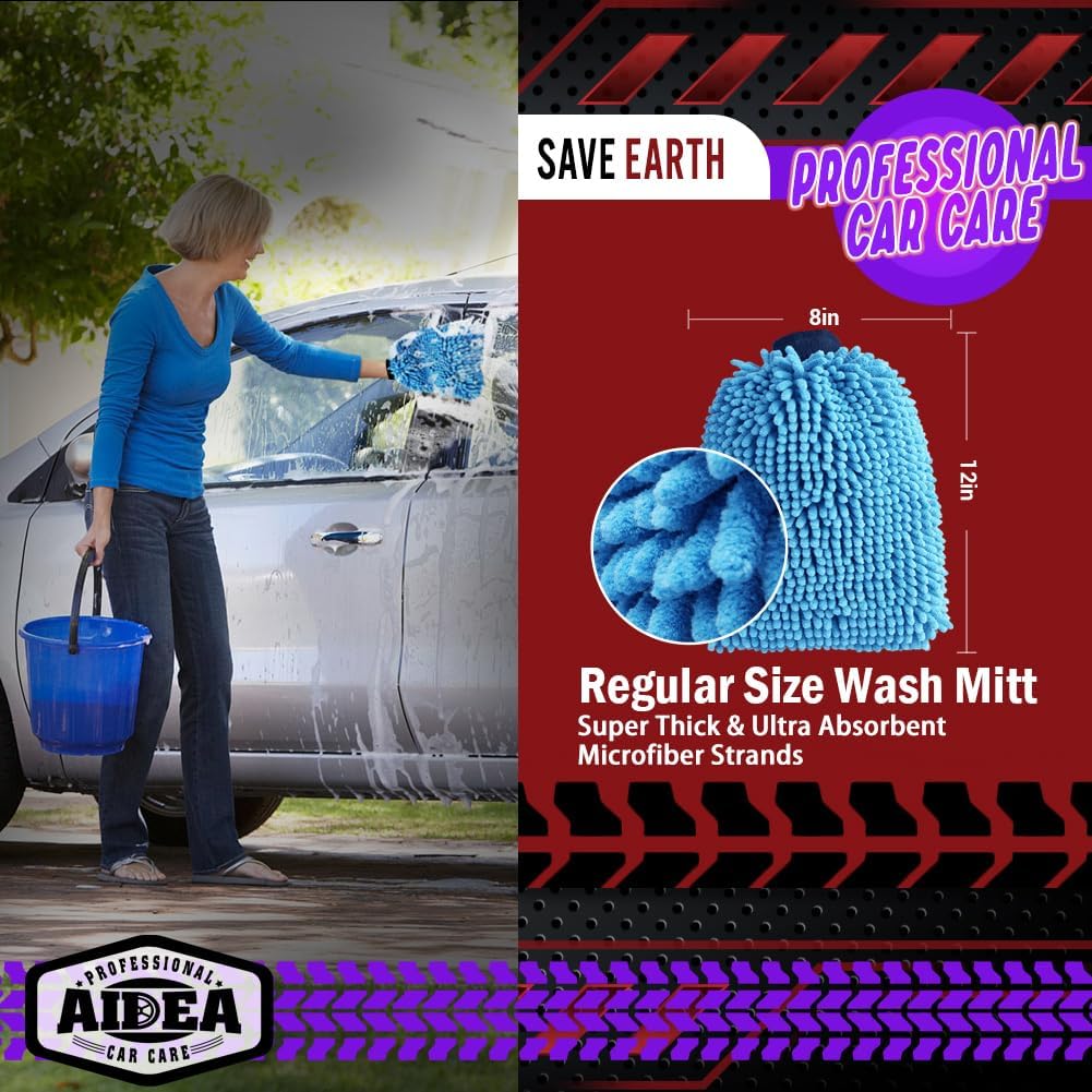 AIDEA Car Wash Mitt Microfiber 2PK, Scratch-Free& Lint-Free, Premium Chenille Microfiber Wash