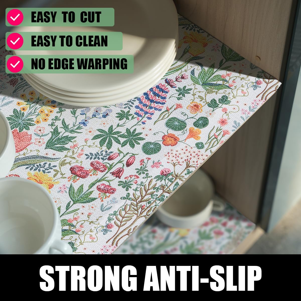 Floral Shelf Drawer Liners, 16IN x 10FT Non Adhesive and Strong Non-Slip Colorful Cabinet Drawer