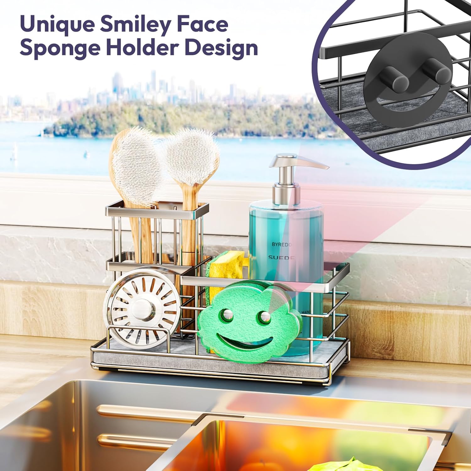SWTYMIKI Kitchen Sink Caddy Organizer, Smiley Face Sponge Holder for Kitchen Sink, Instant Drying