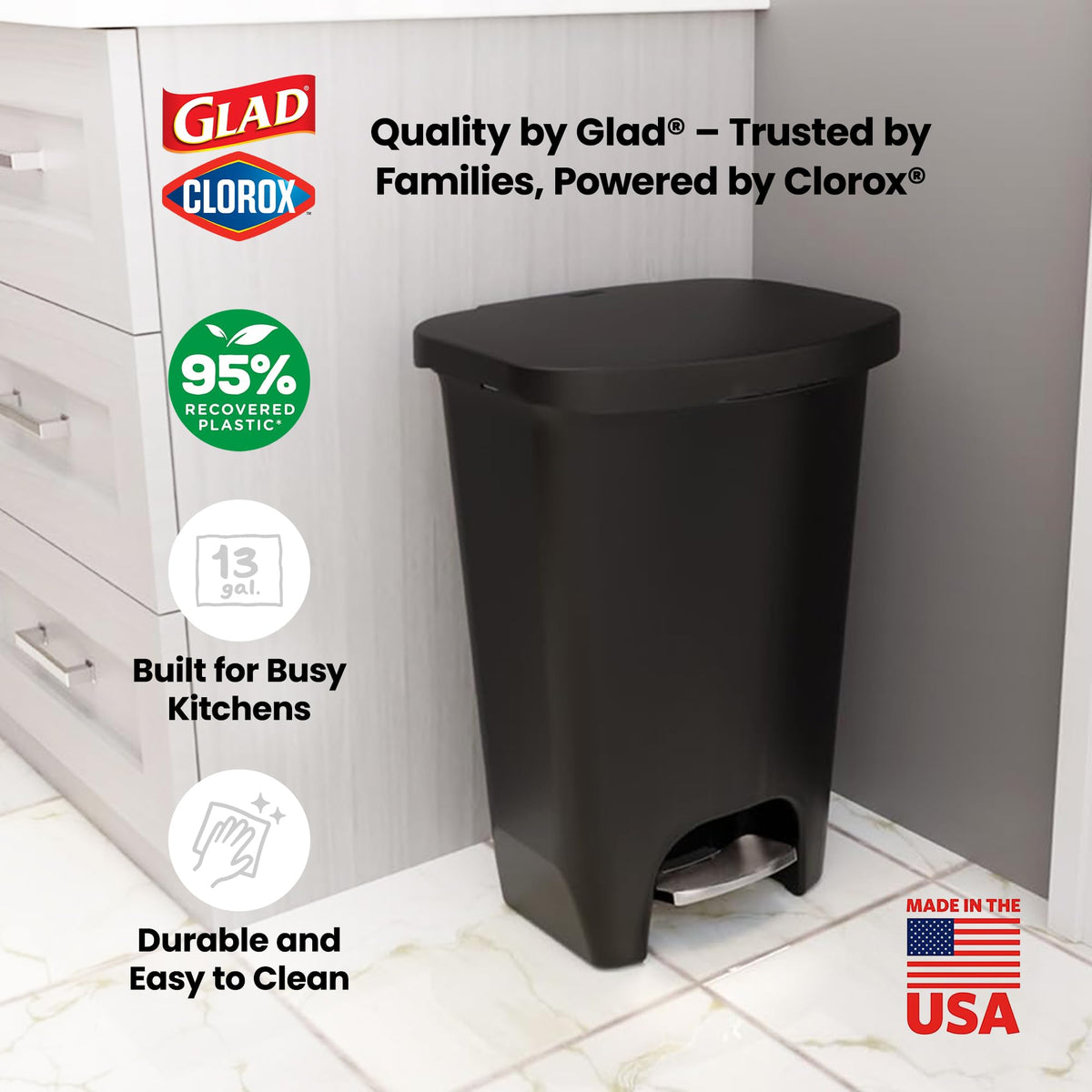 Glad Premium Trash Can with Clorox Odor Protection, 13 Gallon, Black