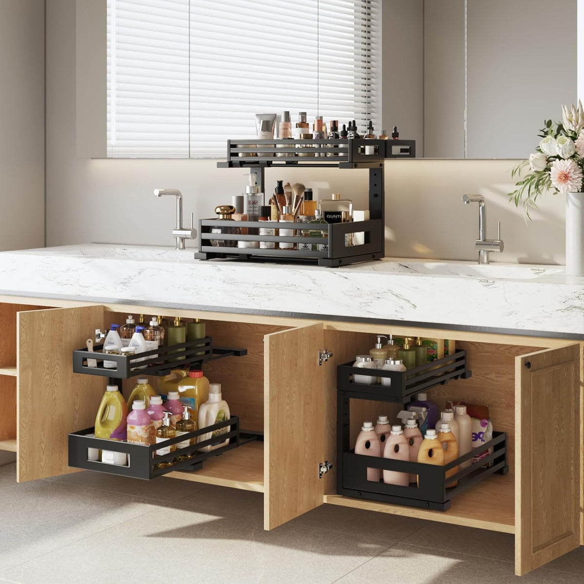 2-Pack Under Sink Organizers and Storage,2-Tier L Shape Pull Out Cabinet Organizer With Round Tube