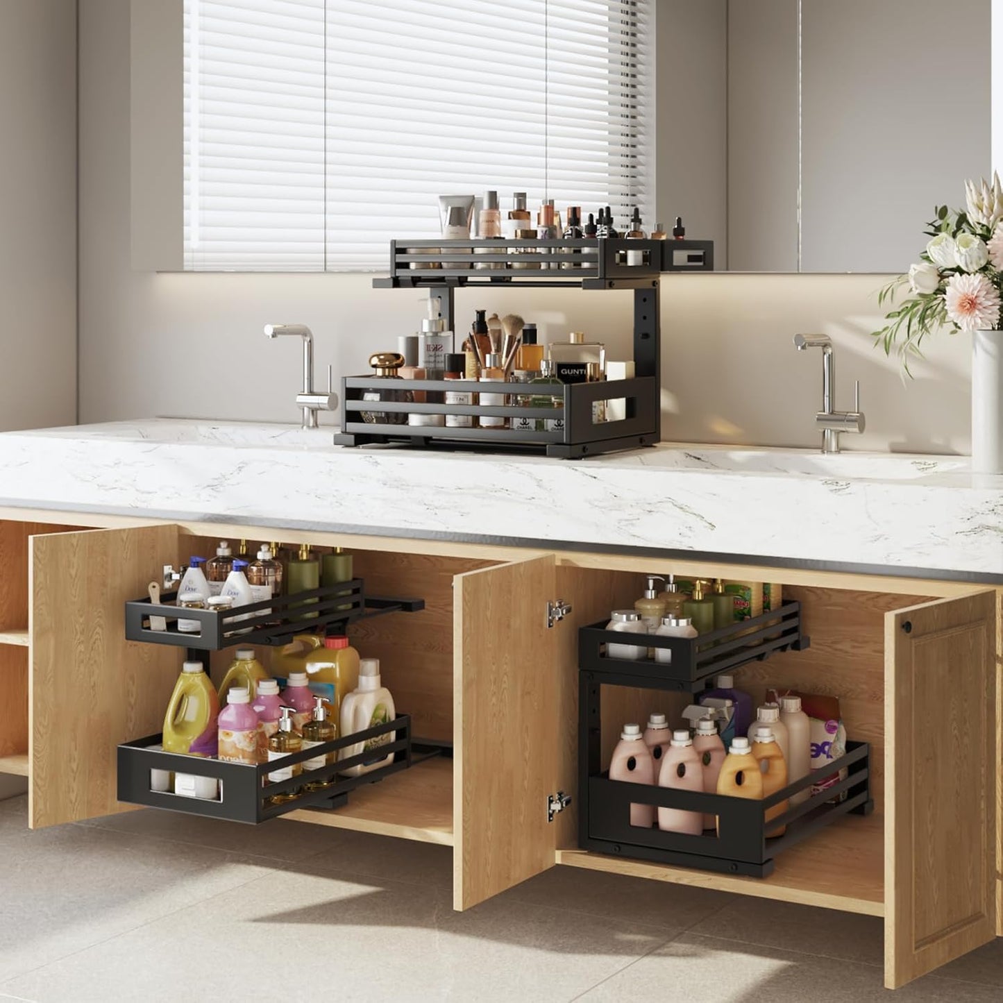 1-Pack Under Sink Organizers and Storage,2-Tier L Shape Pull Out Cabinet Organizer With Round Tube