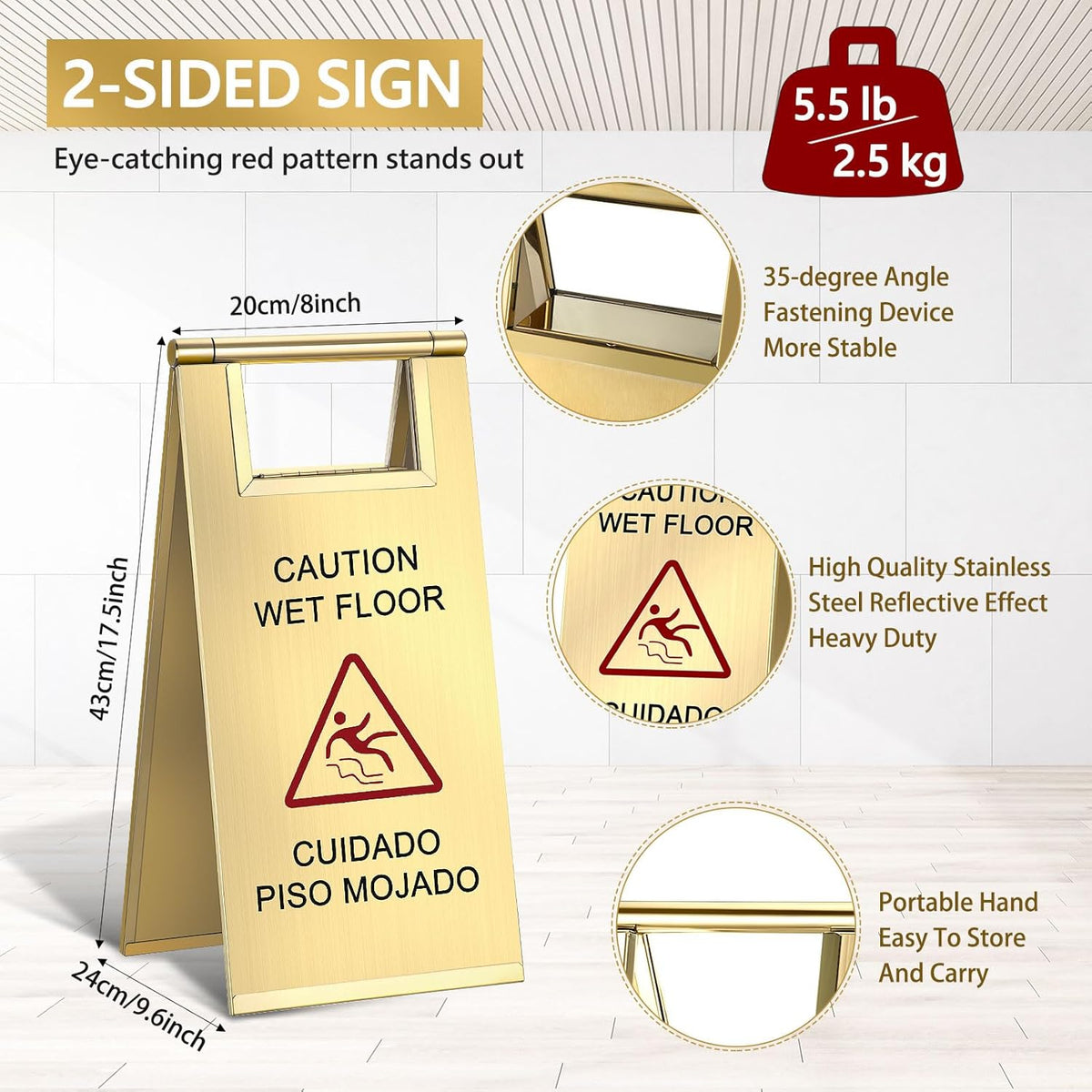 Kigley 2 Pcs Wet Floor Sign, 17 Inch Stainless Steel Caution Wet Floor Sign Double Sided Portable