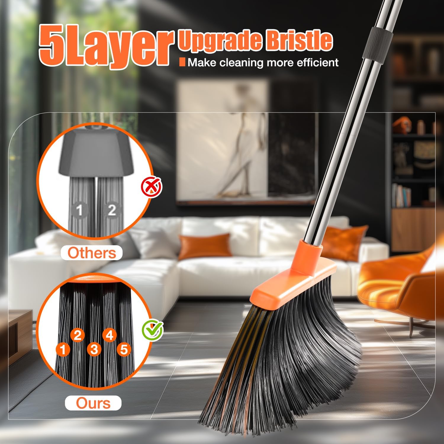 Broom and Dustpan Set, Upgraded Broom with Dustpan Combo Set with 56" Tall Adjustable Handle