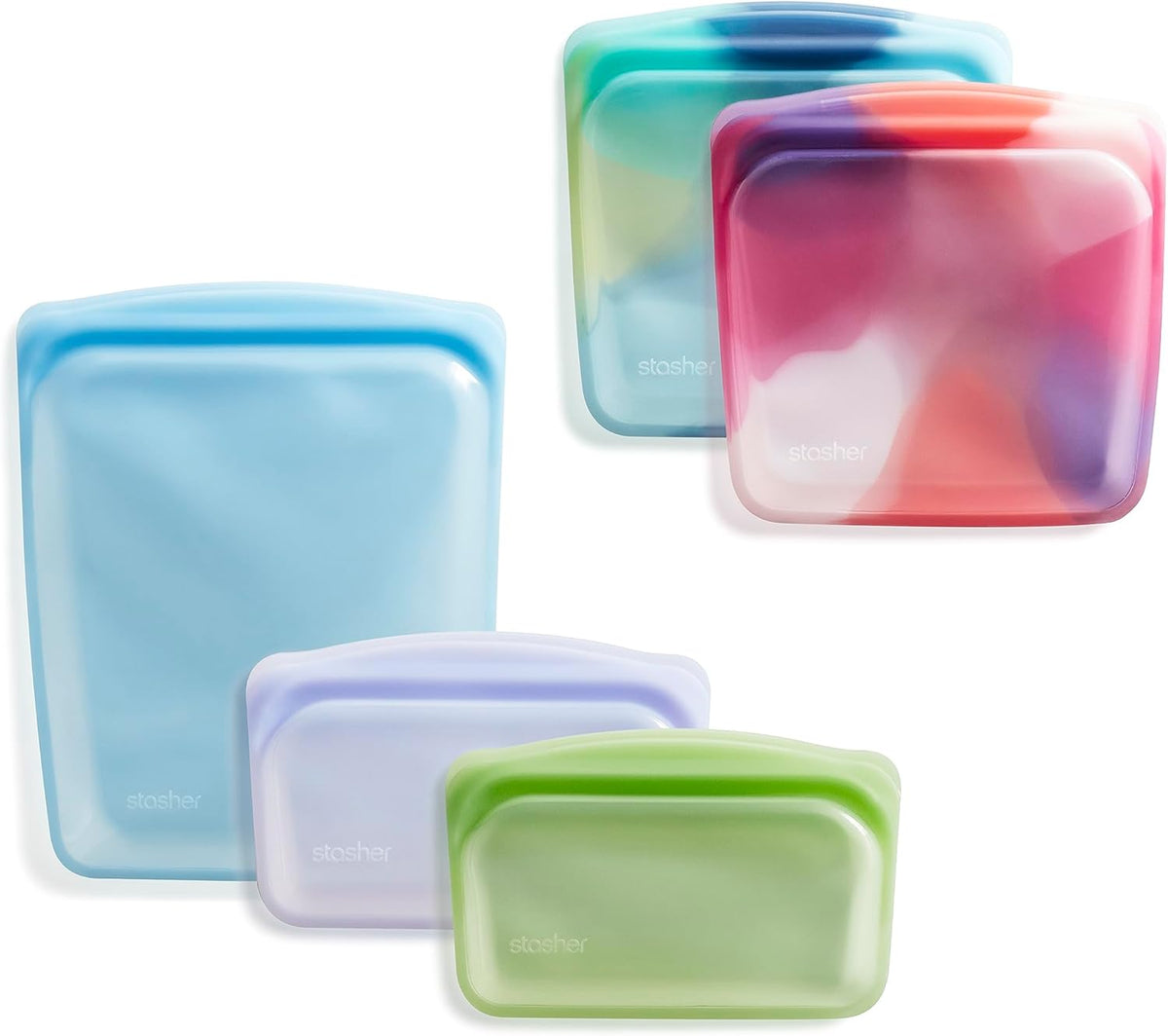 Stasher Premium Silicone Reusable Food Storage Bags, 5-Pack, Tie Dye Multi, Multi-Use Food Storage