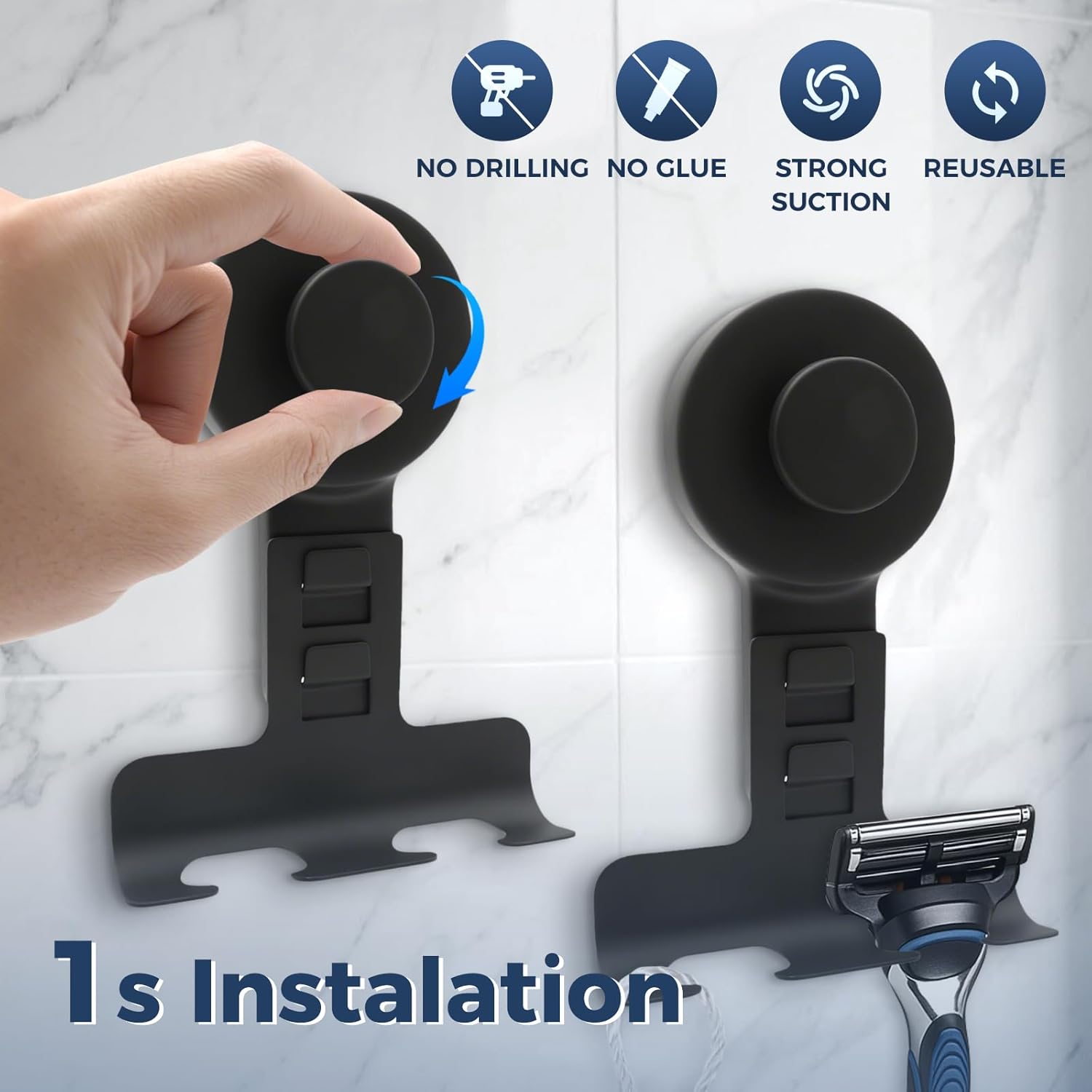 WingWider Suction Cup Razor Holder for Shower Wall 2 Pack, Shaver Holder(Black), 15lbs – view 2
