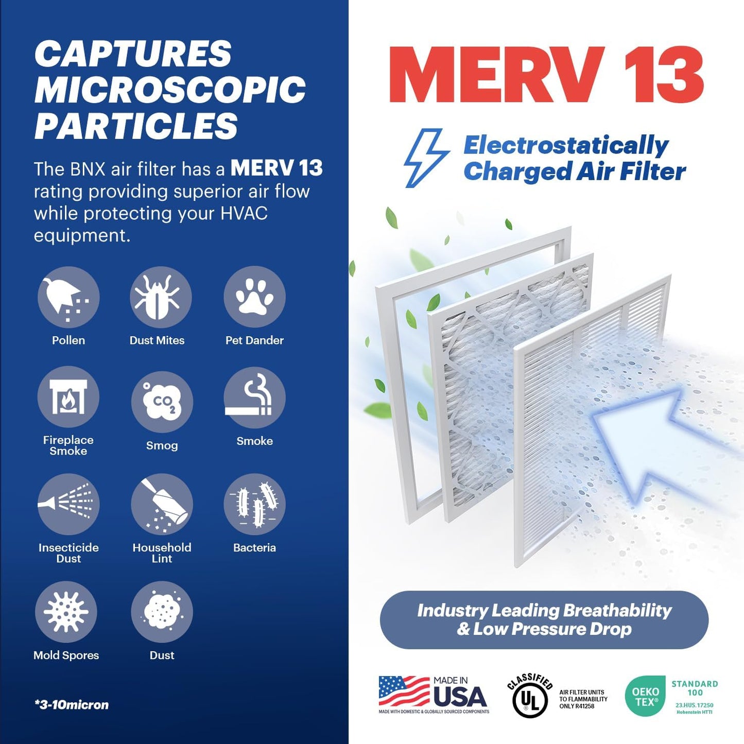 BNX TruFilter 12x30x1 Air Filter MERV 13 (4-Pack) - MADE IN USA - Electrostatic Pleated Air