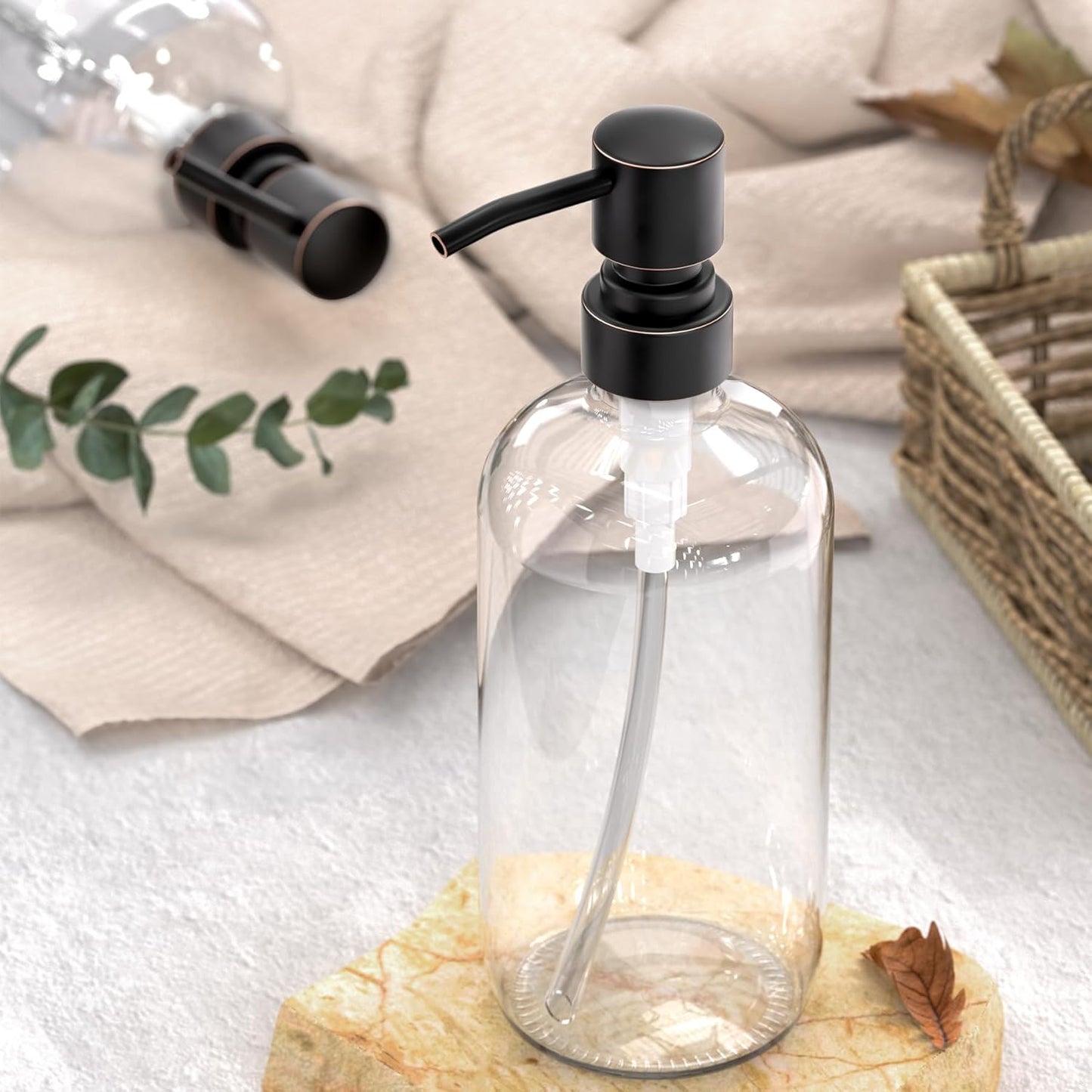 AmazerBath Glass Soap Dispenser, 2-Pack Clear Glass Soap Dispenser with Pump Bronze Rustproof, 17