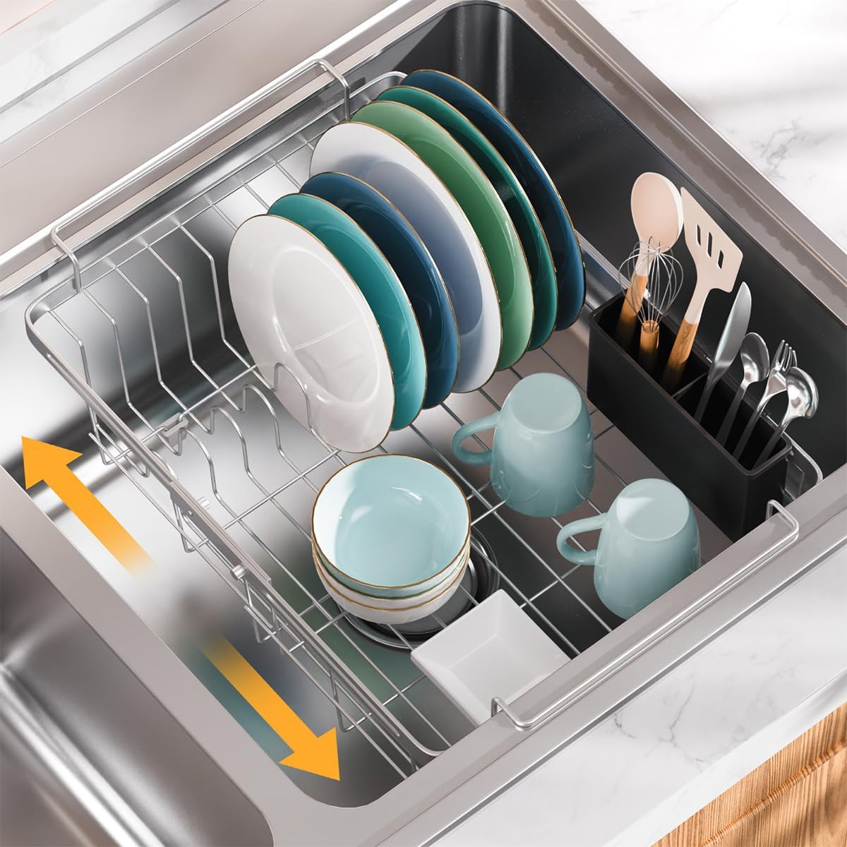 Expandable in Sink Dish Drying Rack, Adjustable Capacity (10.5''-16'') Stainless Steel Over The