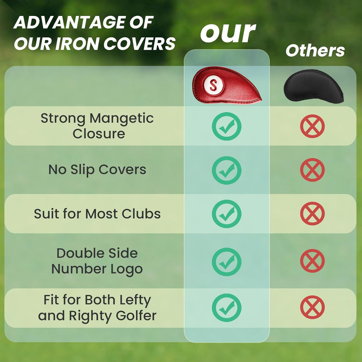 FINGER TEN Golf Club Covers for Irons Magnetic Value 11 Pack, Synthetic Leather Deluxe Head Cover