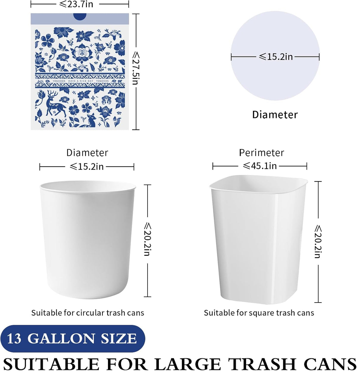 VOK Trash Bags 13 Gallon with Drawstring, Leakproof Printed Garbage Bags 13 Gallon Tall Kitchen
